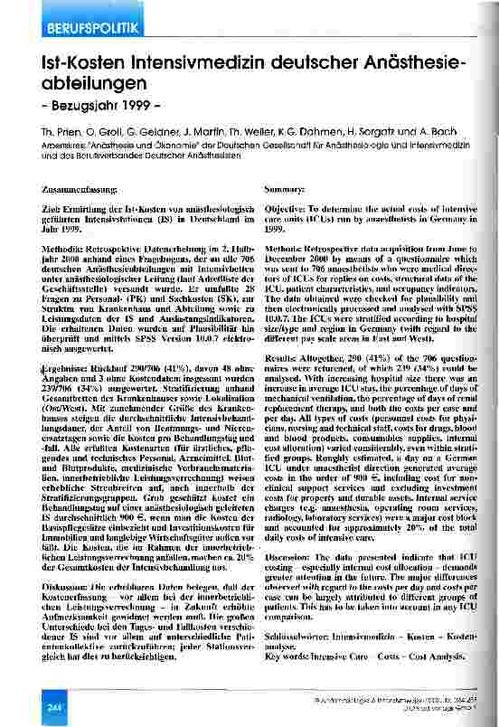 Vorschauseite 1: Ist-Kosten Intensivmedizin deutscher Anästhesieabteilungen Bezugsjahr 1999