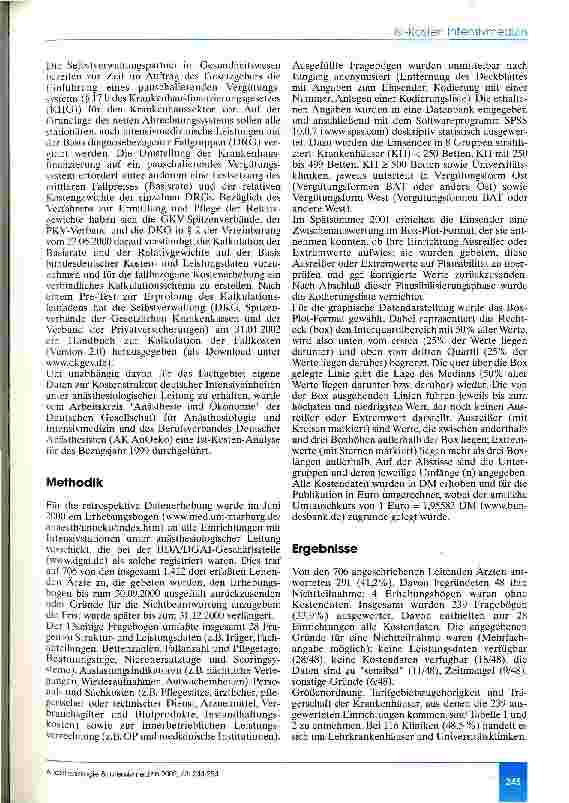 Vorschauseite 2: Ist-Kosten Intensivmedizin deutscher Anästhesieabteilungen Bezugsjahr 1999