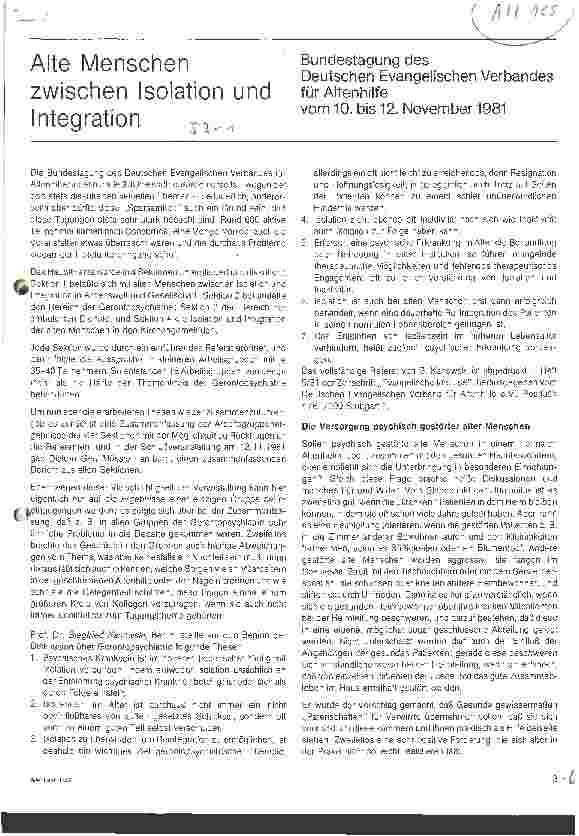 Vorschauseite 1: Alte Menschen zwischen Isolation und Integration / Bundestag des Deutsch. Ev. Verbandes für Altenhilfe vom 10.-12.Nov. 1981