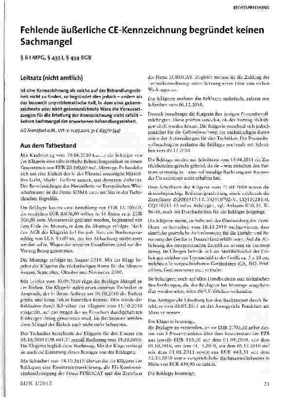 Vorschauseite 1: Fehlende äußerliche CE-Kennzeichnung begründet keinen Sachmangel §6IMPG,§433l,§434BGB