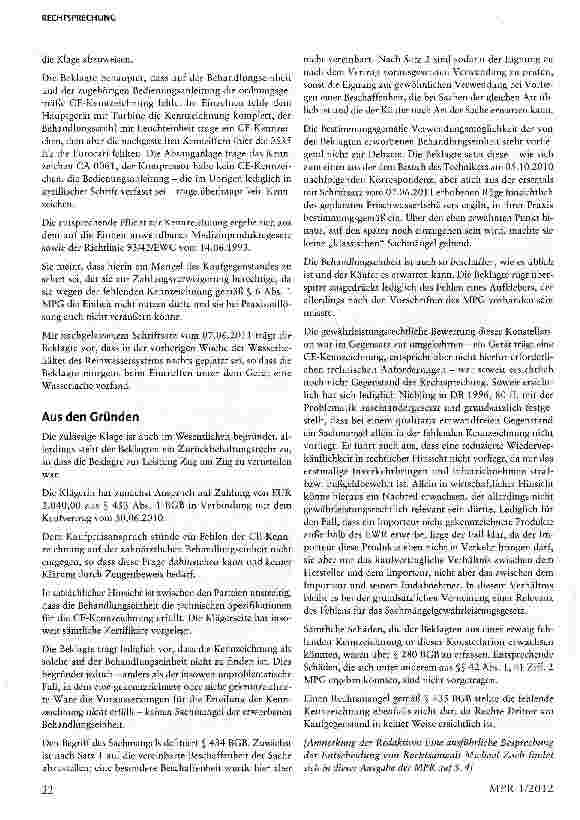 Vorschauseite 2: Fehlende äußerliche CE-Kennzeichnung begründet keinen Sachmangel §6IMPG,§433l,§434BGB