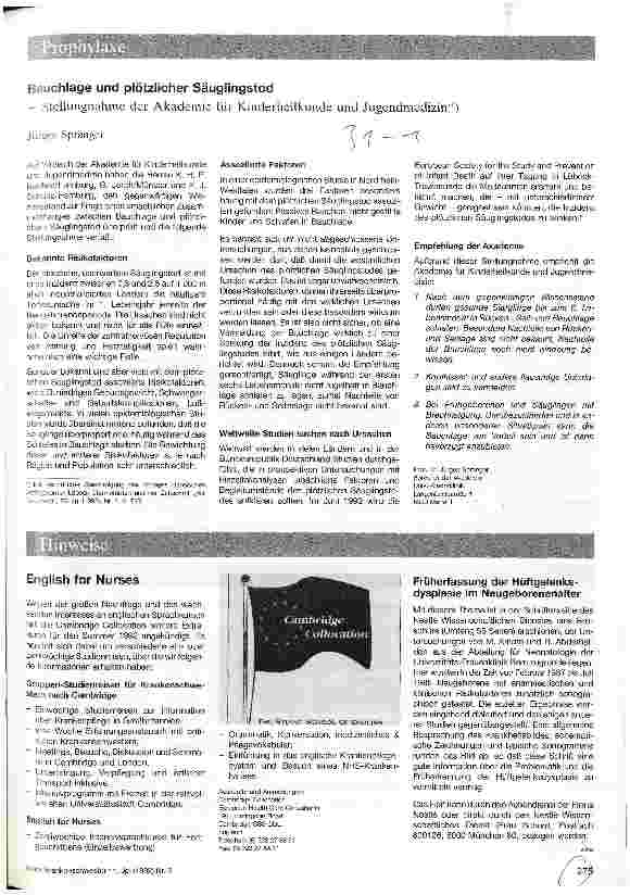 Vorschauseite 1: Bauchlage und plötzlicher Säuglingstod -Stellungnahme der Akademie für Kinderheilkunde und Jugendmedizin