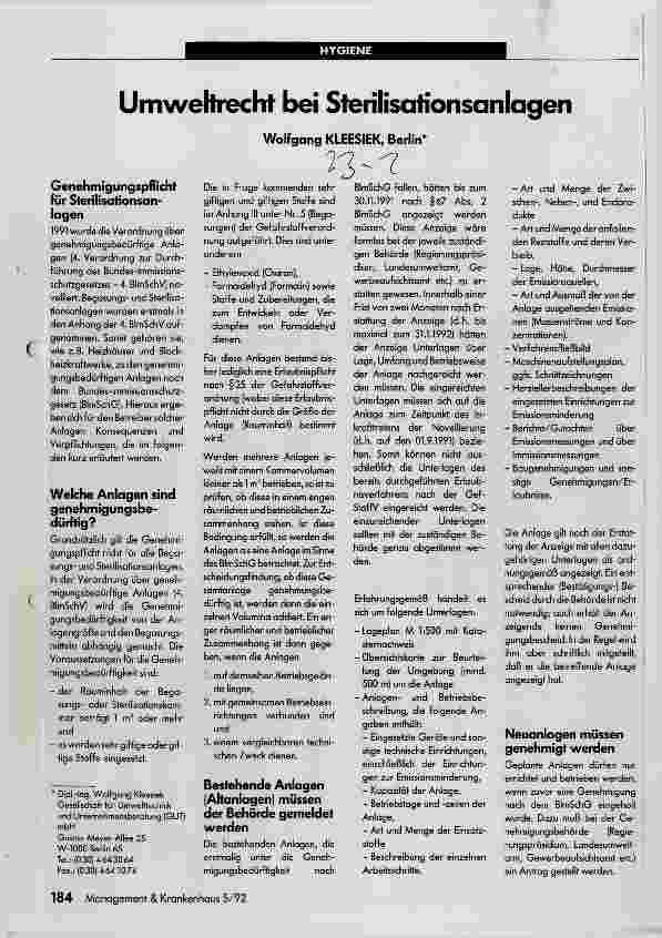 Vorschauseite 1: Umweltrecht bei Sterilisationsanlagen