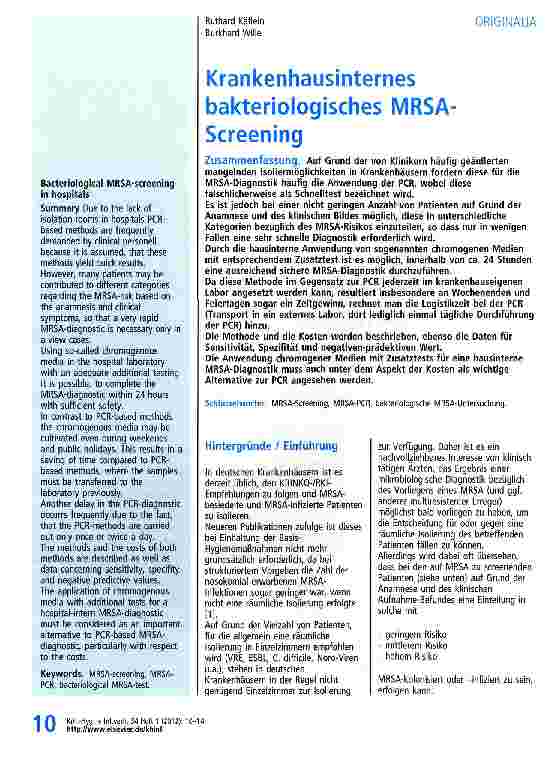 Vorschauseite 1: Krankenhausinternes bakteriologisches MRSA-Screening