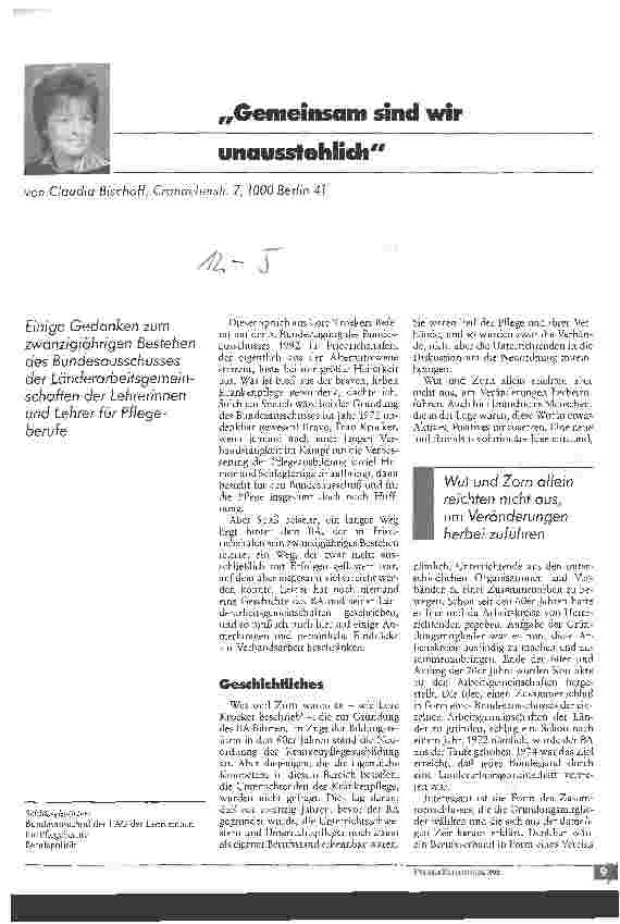 Vorschauseite 1: Gemeinsam sind wir unausstehlich Gedanken zum 20jährigen Bestehen der LAG der Lehrerinnen/Krankenpflege