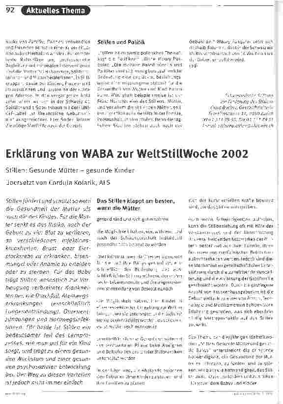 Vorschauseite 1: Erklärung von WABA zur WeltStillWoche 2002Stillen: Gesunde Müttergesunde Kinder (Übersetzungstext)