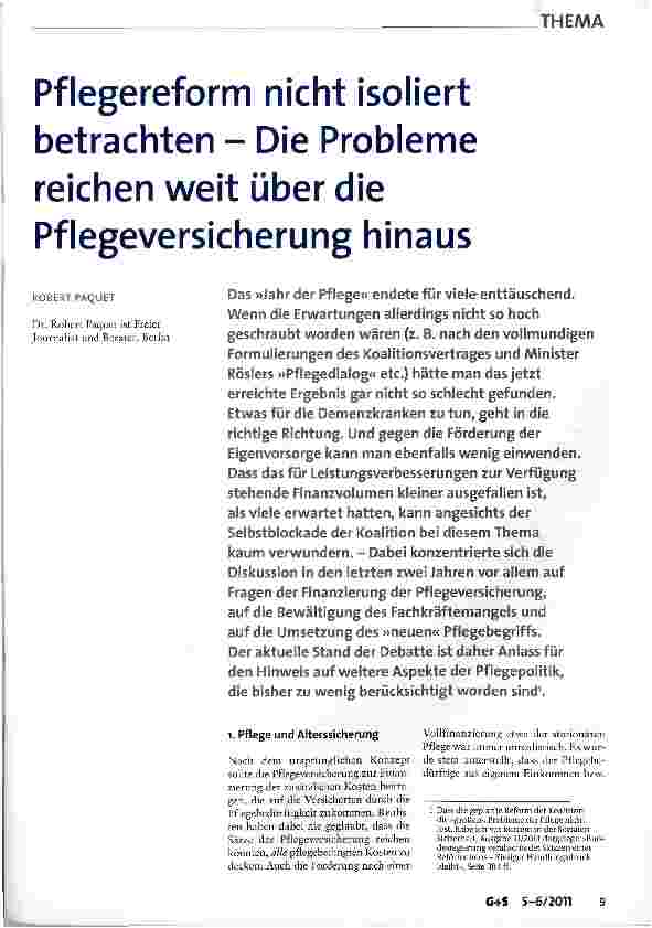 Vorschauseite 1: Pflegereform nicht isoliert betrachten - Die Probleme reichen weit über die Pflegeversicherung hinaus