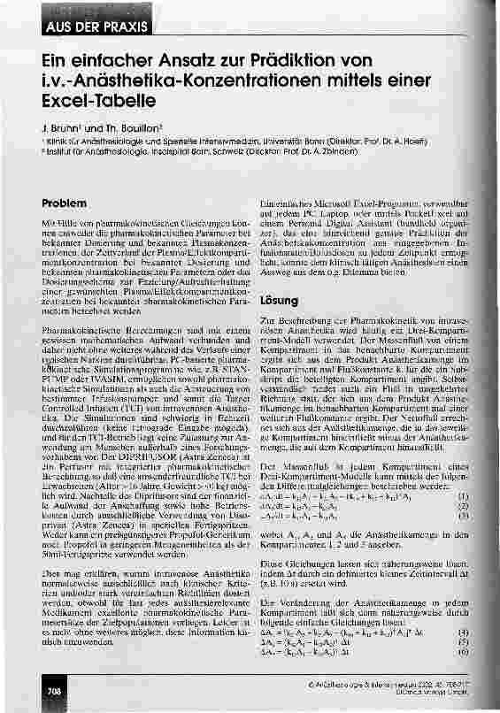 Vorschauseite 1: Ein einfacher Ansatz zur Prädiktion von i.v.-Anästhetika- Konzentrationen mittels einer Excel-Tabelle