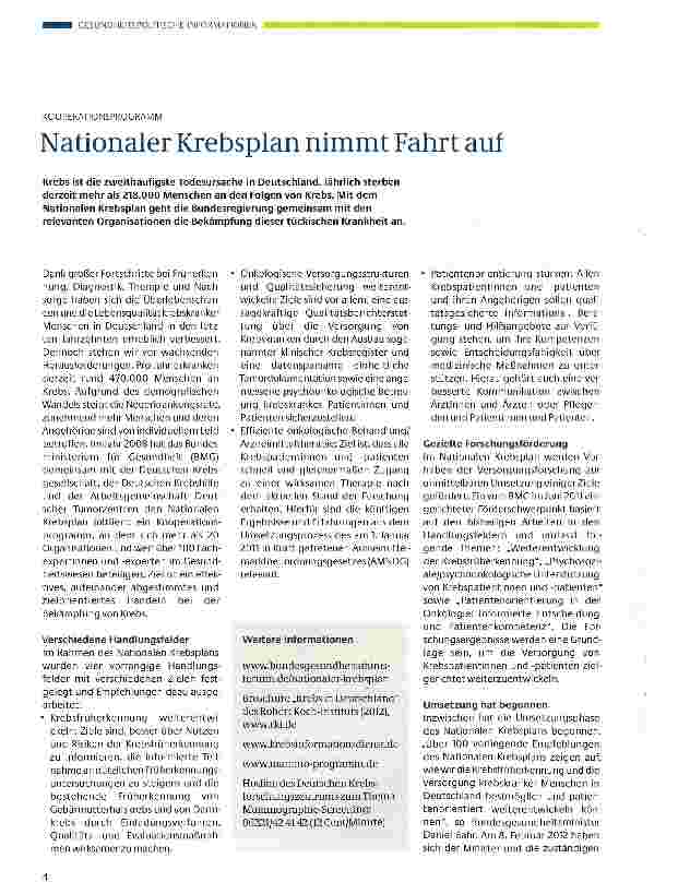 Vorschauseite 1: Nationaler Krebsplan nimmt Fahrt auf