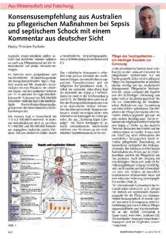 Vorschauseite 1: Konsensusempfehlung aus Australien zu pflegerischen Maßnahmen bei Sepsis und septischem Schock mit einem Kommentar aus deutscher Sicht