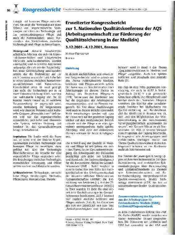 Vorschauseite 1: Erweiterter Kongressbericht zur 1. Nationalen Qualitätskonferenz der AQS (Arbeitsgemeinschaft zur Förderung der Qualitätssicherung in der Medizin)