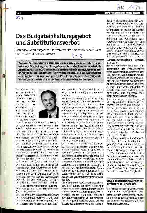 Vorschauseite 1: Das Budgeteinhaltungsgebot und Substitutionsverbot Gesundheitsstrukturgesetz: Die Probleme des Krankenhausapothekers