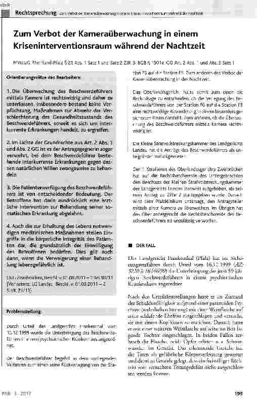 Vorschauseite 1: Zum Verbot der Kameraüberwachung in einem Kriseninterventionsraum während der Nachtzeit