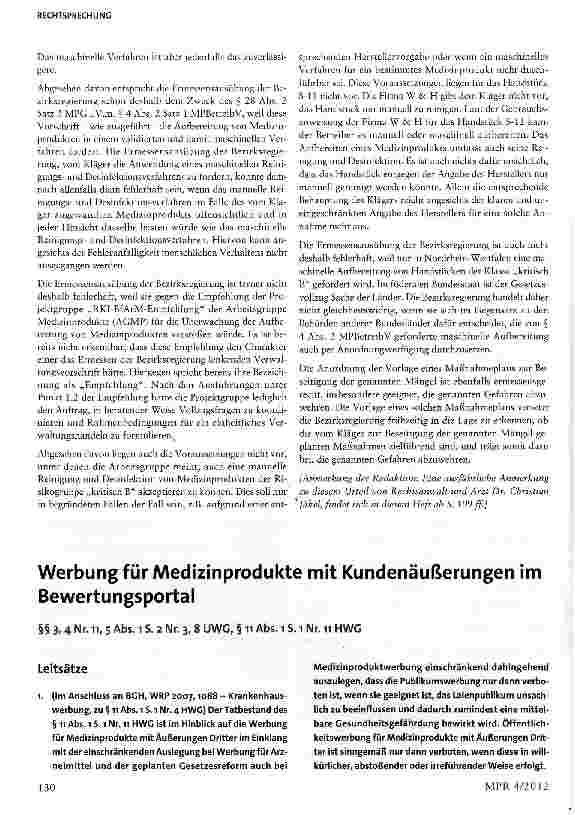 Vorschauseite 1: Werbung für Medizinprodukte mit Kundenäußerungen im Bewertungsportal§§ 3,4 Nr. ii, 5 Abs. 1 S. 2 Nr. 3, 8 UWG, § 11 Abs. 1 S. 1 Nr. 11 HWG