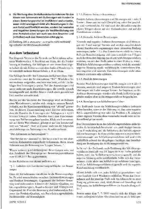 Vorschauseite 2: Werbung für Medizinprodukte mit Kundenäußerungen im Bewertungsportal§§ 3,4 Nr. ii, 5 Abs. 1 S. 2 Nr. 3, 8 UWG, § 11 Abs. 1 S. 1 Nr. 11 HWG