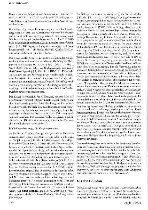 Vorschauseite 3: Werbung für Medizinprodukte mit Kundenäußerungen im Bewertungsportal§§ 3,4 Nr. ii, 5 Abs. 1 S. 2 Nr. 3, 8 UWG, § 11 Abs. 1 S. 1 Nr. 11 HWG