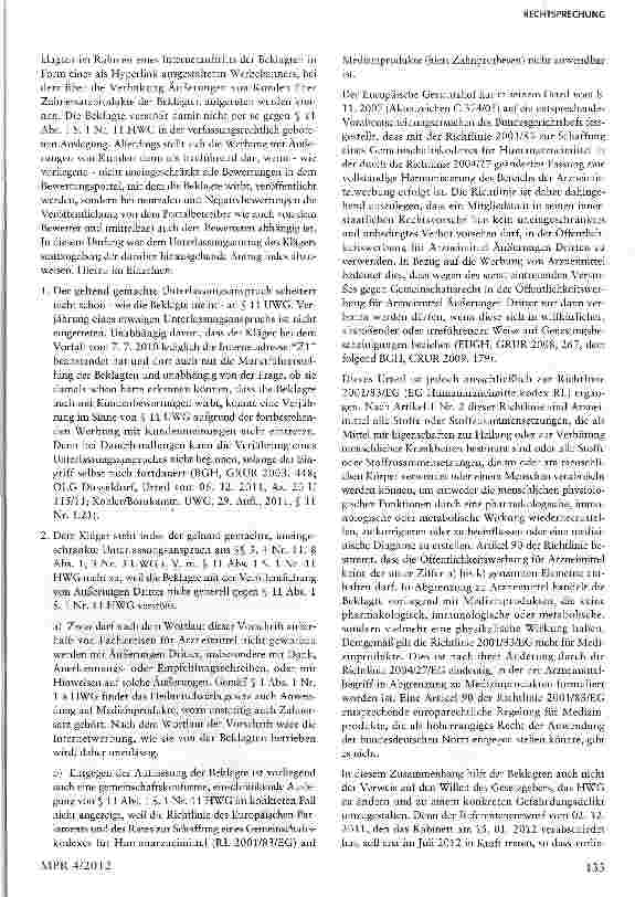 Vorschauseite 4: Werbung für Medizinprodukte mit Kundenäußerungen im Bewertungsportal§§ 3,4 Nr. ii, 5 Abs. 1 S. 2 Nr. 3, 8 UWG, § 11 Abs. 1 S. 1 Nr. 11 HWG