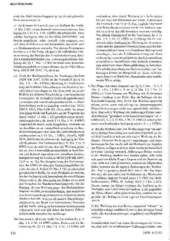 Vorschauseite 5: Werbung für Medizinprodukte mit Kundenäußerungen im Bewertungsportal§§ 3,4 Nr. ii, 5 Abs. 1 S. 2 Nr. 3, 8 UWG, § 11 Abs. 1 S. 1 Nr. 11 HWG