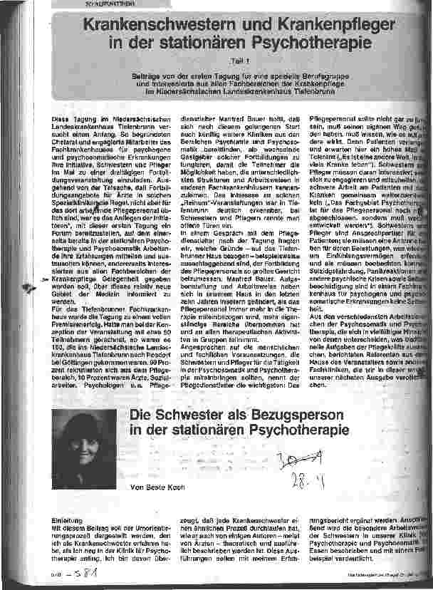 Vorschauseite 1: Die Schwester als Bezugsperson in der stationären Psychotherapie