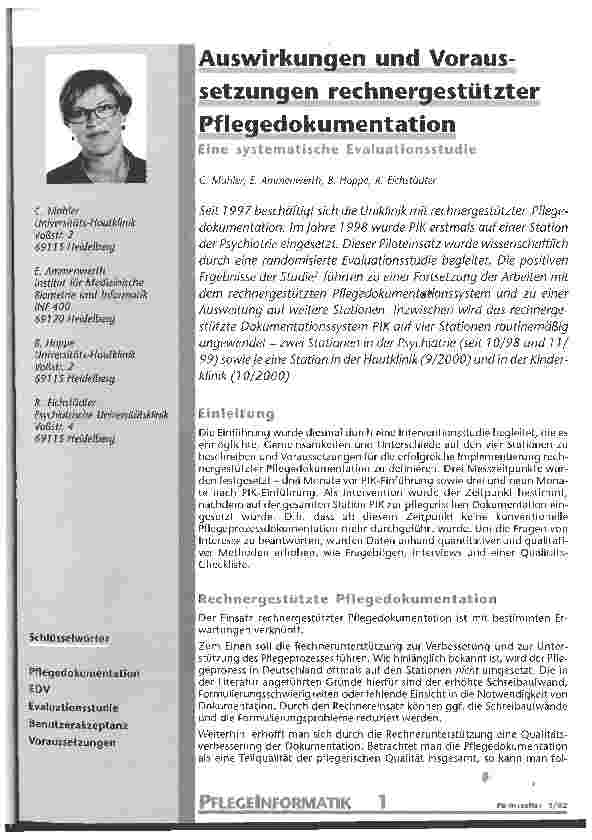 Vorschauseite 1: Auswirkungen und Voraussetzungen rechnergestützter Pflegedokumentation Eine systematische Evaluationsstudie