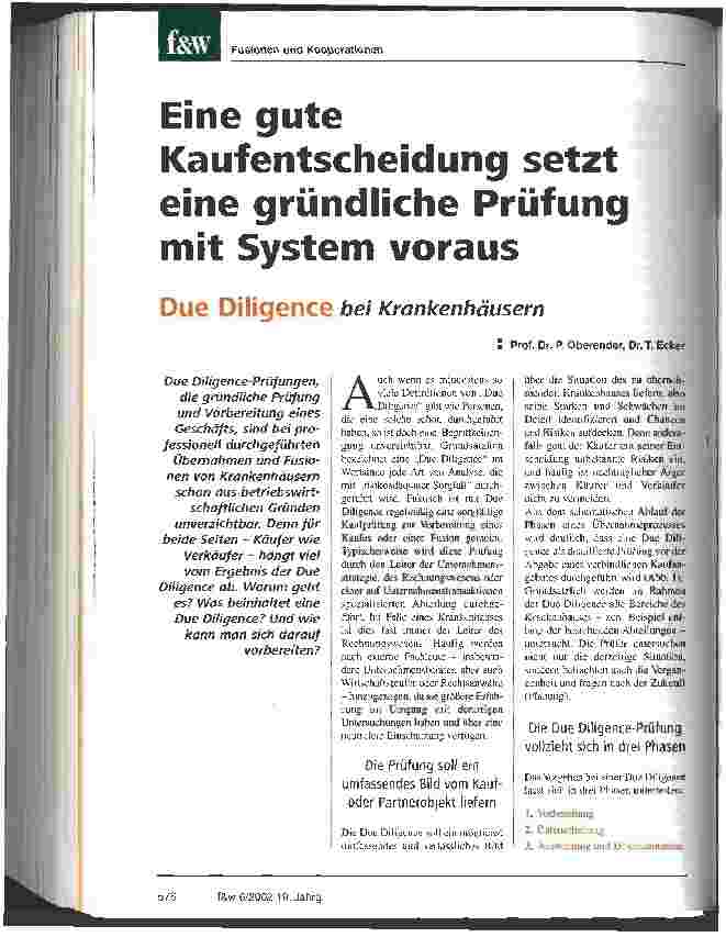 Vorschauseite 1: Eine gute Kaufentscheidung setzt eine gründliche Prüfung mit System voraus Due Diligence bei Krankenhäusern