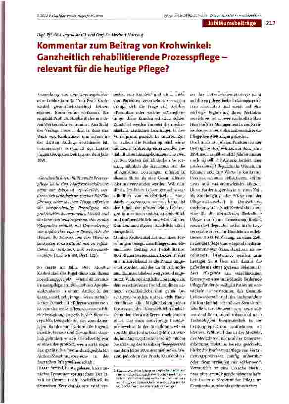 Vorschauseite 1: Kommentar zum Beitrag von Krohwinkel: Ganzheitlich rehabilitierende Prozesspflege relevant für die heutige Pflege?