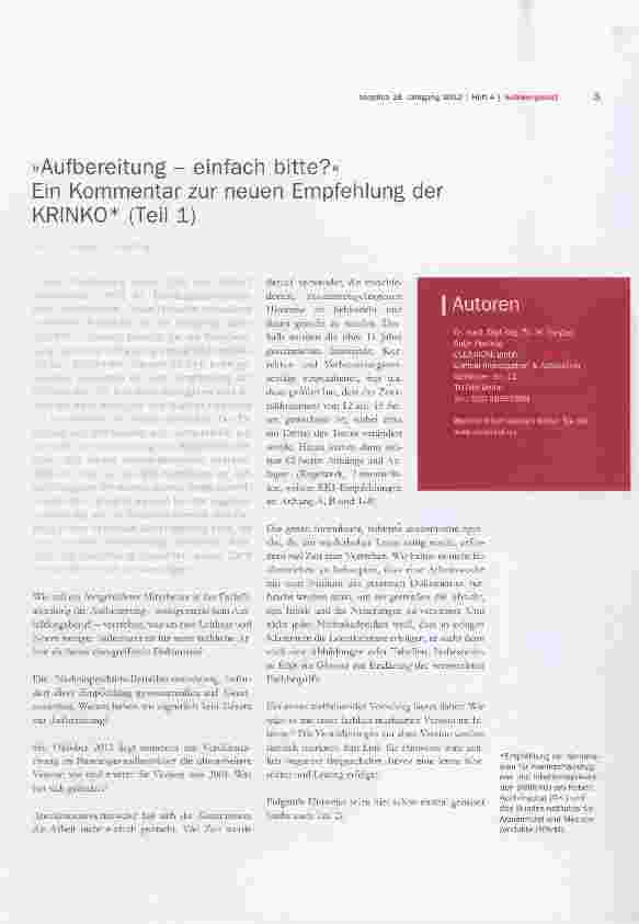 Vorschauseite 1: »Aufbereitung einfach bitte?«Ein Kommentar zur neuen Empfehlung der KRINKO* (Teil 1)