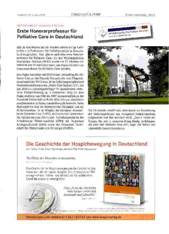 Vorschauseite 1: Erste Honorarprofessur für Palliative Care in Deutschland