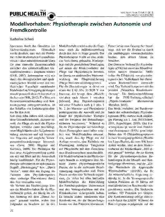 Vorschauseite 1: Modellvorhaben: Physiotherapie zwischen Autonomie und Fremdkontrolle