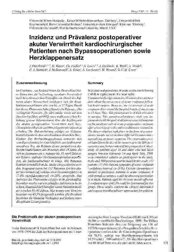 Vorschauseite 1: Inzidenz und Prävalenz postoperativer akuter Verwirrtheit kardiochirurgischer Patienten nach Bypassoperationen sowie Herzklappenersatz