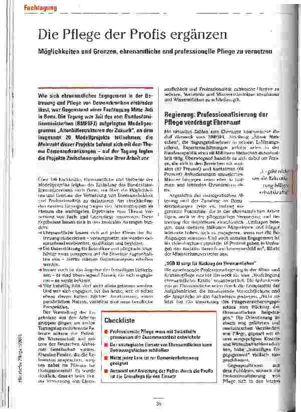 Vorschauseite 1: Die Pflege der Profis ergänzen Möglichkeiten und Grenzen, ehrenamtliche und professionelle Pflege zu vernetzen