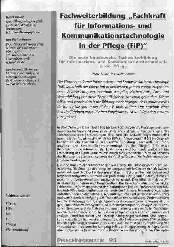 Vorschauseite 1: Fachweiterbildung Fachkraft für Informationsund Kommunikationstechnologie in der Pflege (FIP) Die erste bundesweite Fachweiterbildung für Informationsund Kommunikationstechnologie…