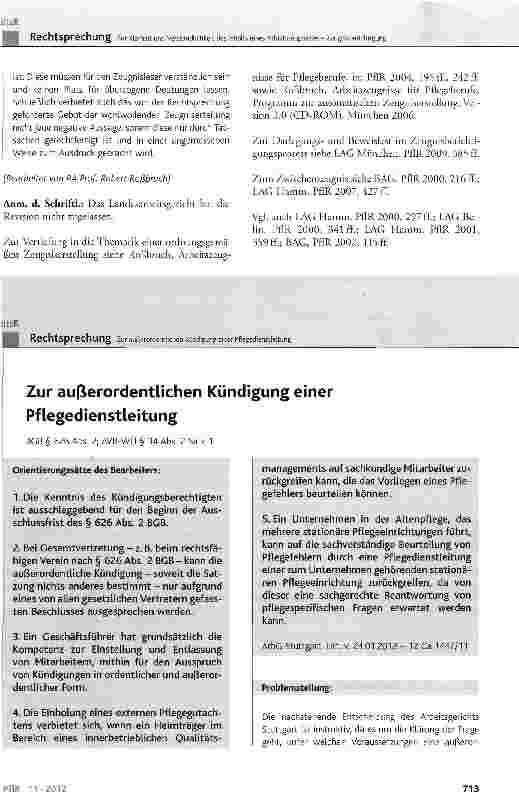 Vorschauseite 1: Zur außerordentlichen Kündigung einer Pflegedienstleitung
