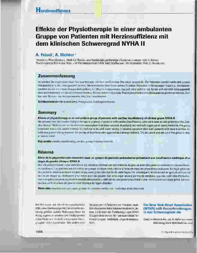Vorschauseite 1: Effekte der Physiotherapie in einer ambulanten Gruppe von Patienten mit Herzinsuffizienz mit dem klinischen Schweregrad NYHA II