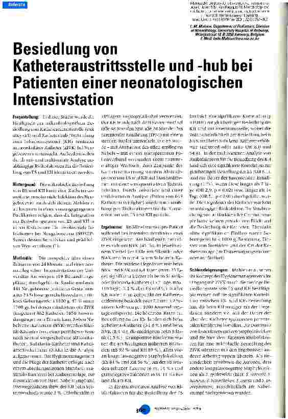 Vorschauseite 1: Besiedlung von Katheteraustrittsstelle und -hub bei Patienten einer neonatologischen Intensivstation