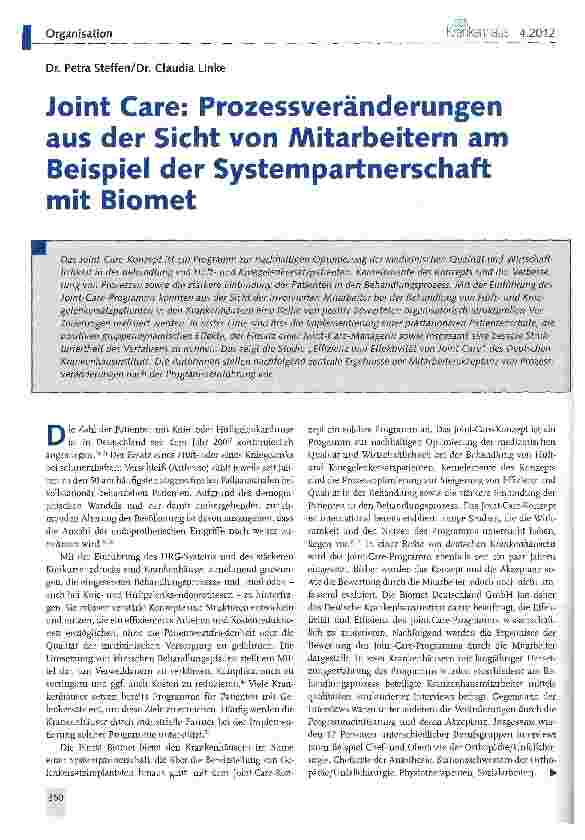 Vorschauseite 1: Joint Care: Prozessveränderungen aus der Sicht von Mitarbeitern am Beispiel der Systempartnerschaft mit Biomet