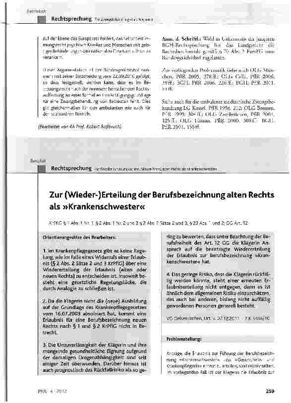 Vorschauseite 1: Zur (Wieder-)Erteilung der Berufsbezeichnung alten Rechts als »Krankenschwester«