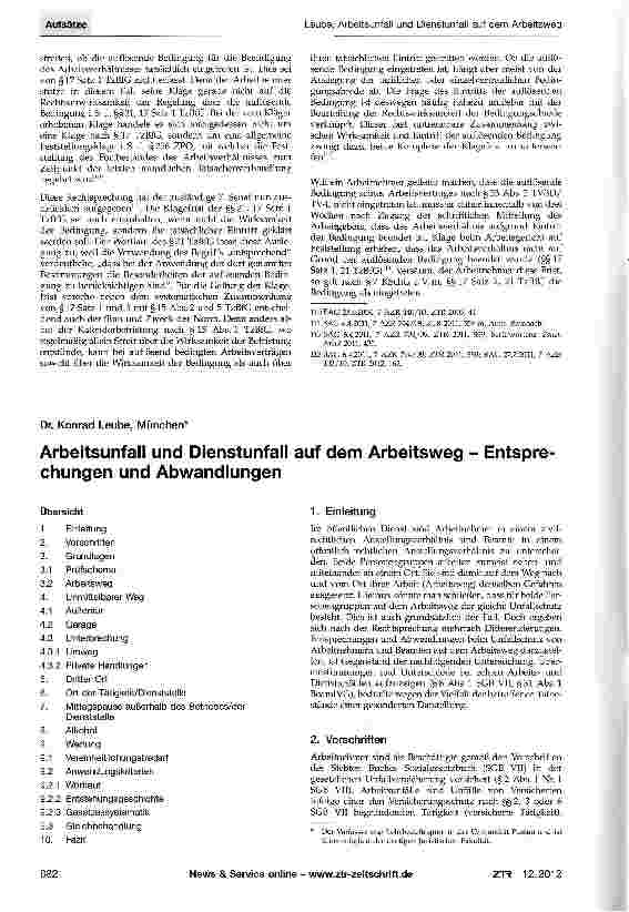 Vorschauseite 1: Arbeitsunfall und Dienstunfall auf dem Arbeitsweg - Entsprechungen und Abwandlungen