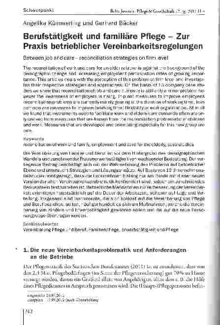 Vorschauseite 1: Berufstätigkeit und familiäre Pflege - Zur Praxis betrieblicher Vereinbarkeitsregelungen