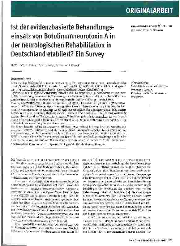 Vorschauseite 1: Ist der evidenzbasierte Behandlungseinsatz von Botulinumneurotoxin A in der neurologischen Rehabilitation in Deutschland etabliert? Ein Survey