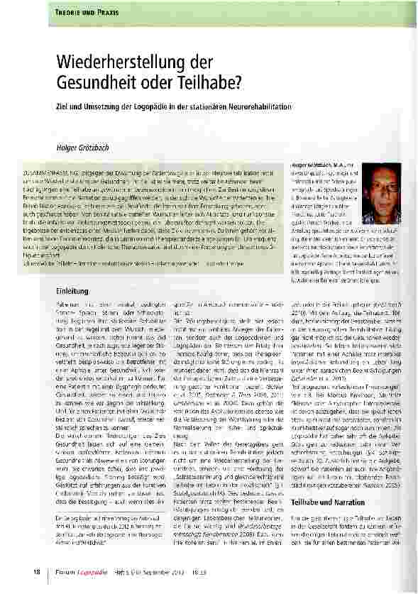 Vorschauseite 1: Wiederherstellung der Gesundheit oder Teilhabe? Ziel und Umsetzung der Logopädie in der stationären Neurorehabilitation