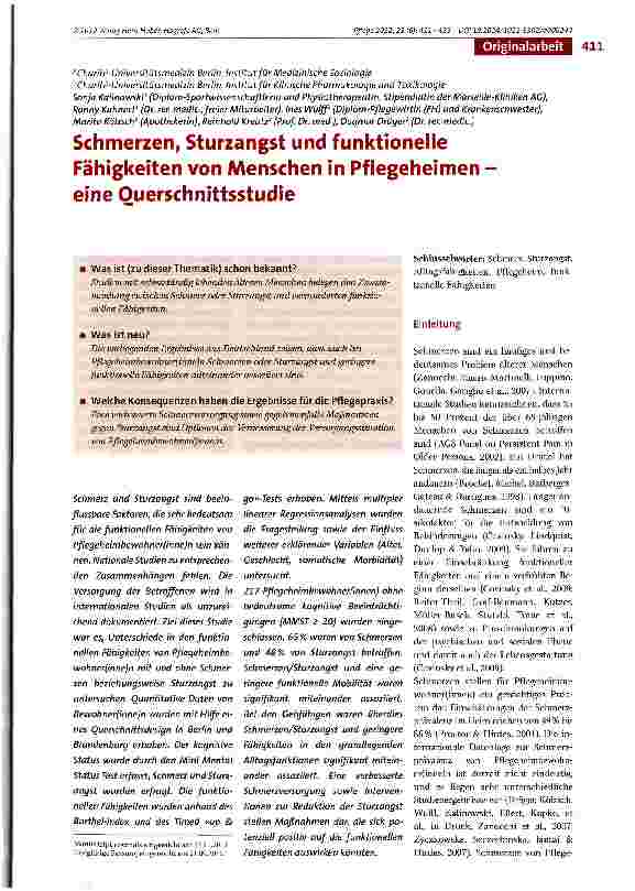 Vorschauseite 1: Schmerzen, Sturzangst und funktioneile Fähigkeiten von Menschen in Pflegeheimen -eine Ouerschnittsstudie