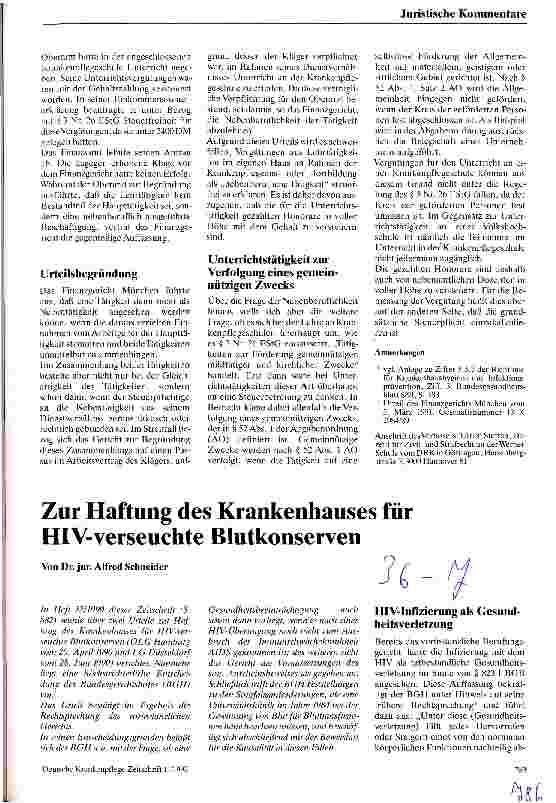 Vorschauseite 1: Zur Haftung des Krankenhauses für HIV-verseuchte Blutkonserven