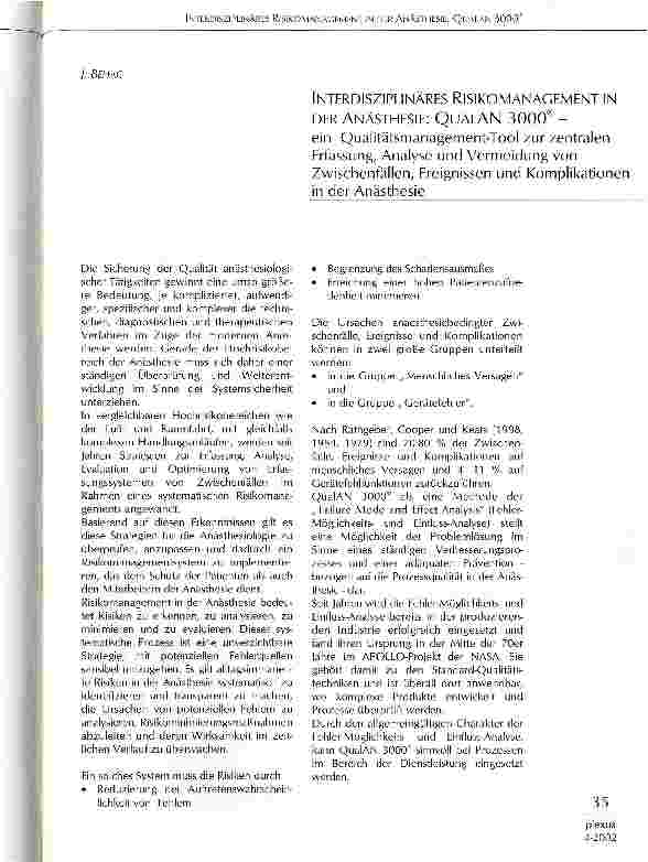 Vorschauseite 1: Interdisziplinäres Risikomanagement in der Anästhesie: QualAN 3000 - ein Qualitätsmanagement-Tool zur zentralen Erfassung, Analyse und Vermeidung von Zwischenfällen, Ereignissen u…
