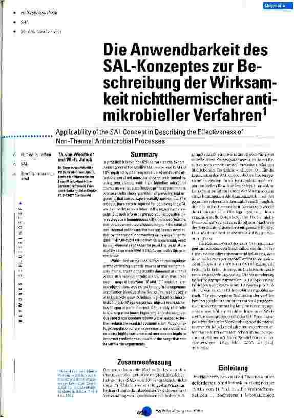 Vorschauseite 1: Die Anwendbarkeit des SAL-Konzeptes zur Beschreibung der Wirksamkeit nichtthermischer antimikrobieller Verfahren