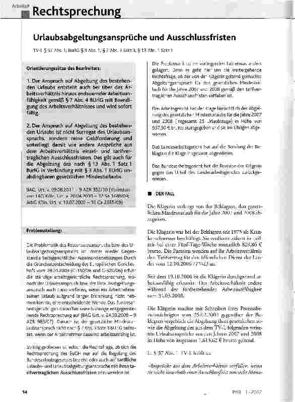 Vorschauseite 1: Urlaubsabgeltungsansprüche und Ausschlussfristen TV-L § 37 Abs. 1; BurlG § 3 Abs. 1, § 7 Abs. 3 Satz 3, § 13 Abs. 1 Satz 1