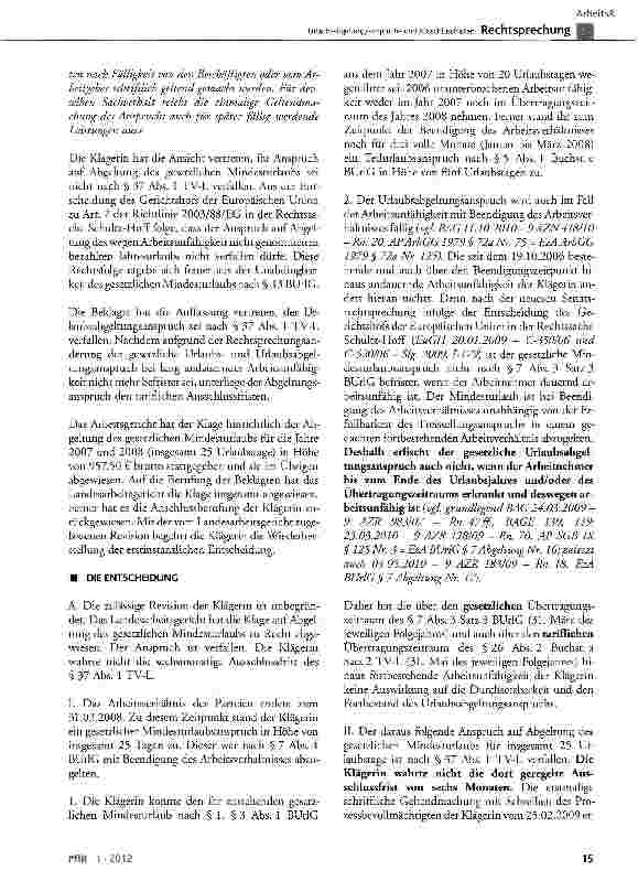 Vorschauseite 2: Urlaubsabgeltungsansprüche und Ausschlussfristen TV-L § 37 Abs. 1; BurlG § 3 Abs. 1, § 7 Abs. 3 Satz 3, § 13 Abs. 1 Satz 1