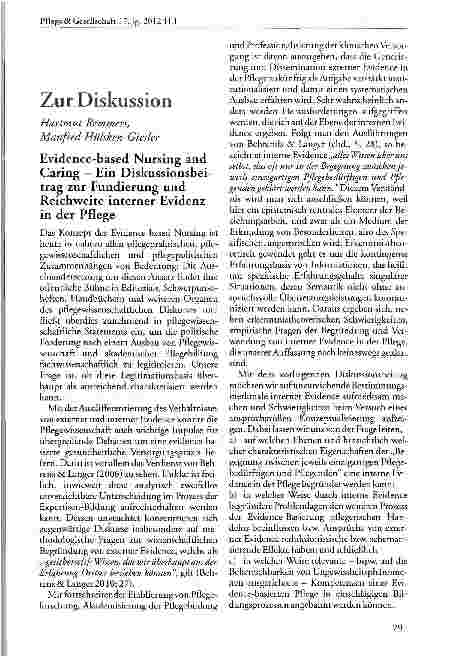 Vorschauseite 1: Evidence-based Nursing and Caring — Ein Diskussionsbeitrag zur Fundierung und Reichweite interner Evidenz in der Pflege