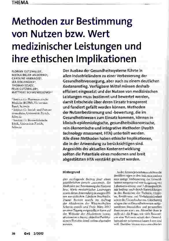 Vorschauseite 1: Methoden zur Bestimmung von Nutzen bzw. Wert medizinischer Leistungen und ihre ethischen Implikationen