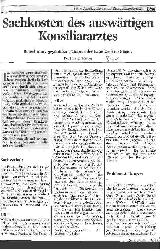 Vorschauseite 1: Sachkosten des auswärtigen Konsiliararztes Berechnung gegenüber Patient oder Krankenhausträger?